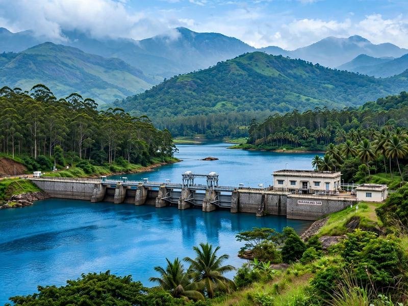 Maravakandy Dam reservoir surrounded by forested hills
