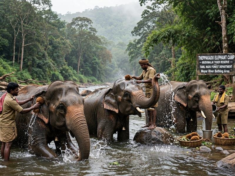 Mahouts bathing elephants in the river at Theppakadu